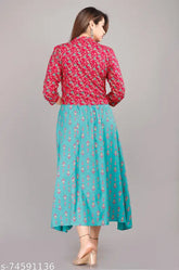 Rayon printed kurti with pink jacket, three-quarter sleeves, vibrant Indian pattern, women's ethnic wear in soft color